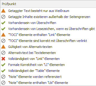 Ein Screenshot mit verschiedenen Resultaten von PAC-Prüfpunkten