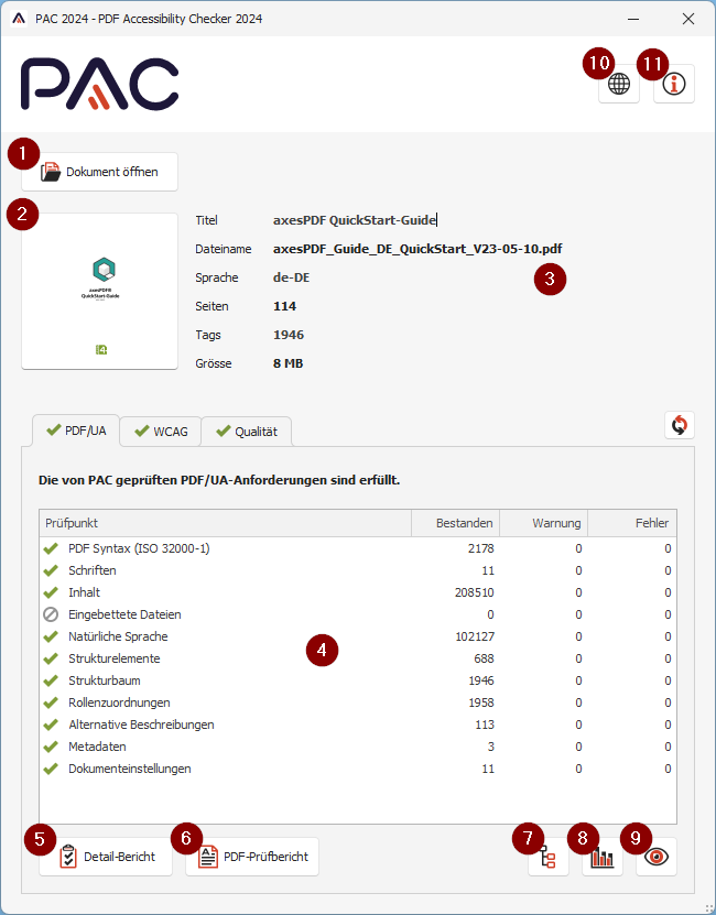 Screenshot des PAC 2024-Hauptfensters mit Nummern auf jedem relevanten Element der Benutzeroberfläche