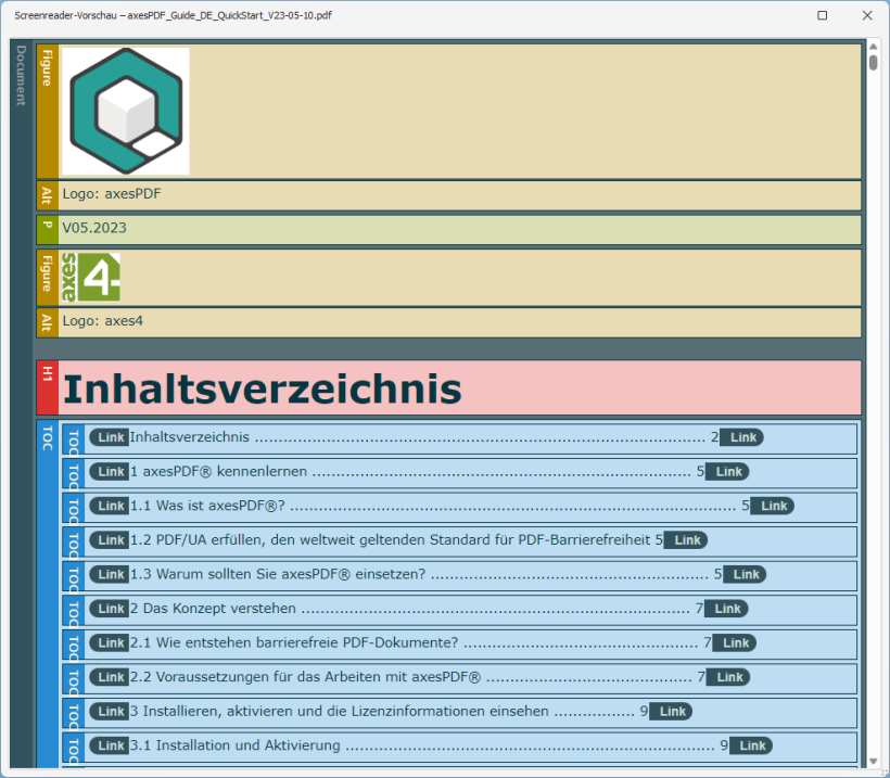 Screenreader-Vorschau des Beispieldokuments