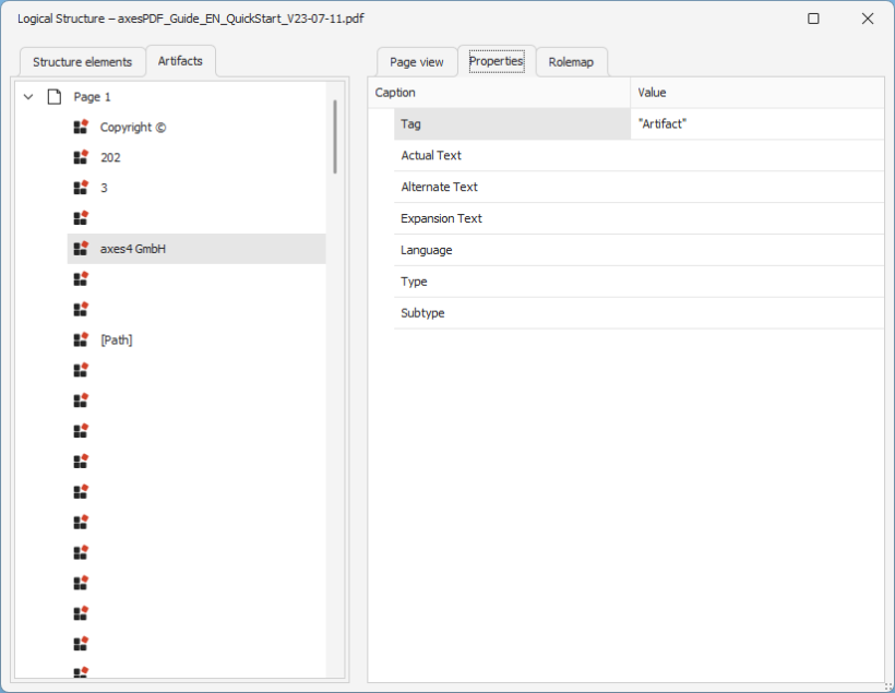 Screenshot of the artifacts view in the "Logical structure" window