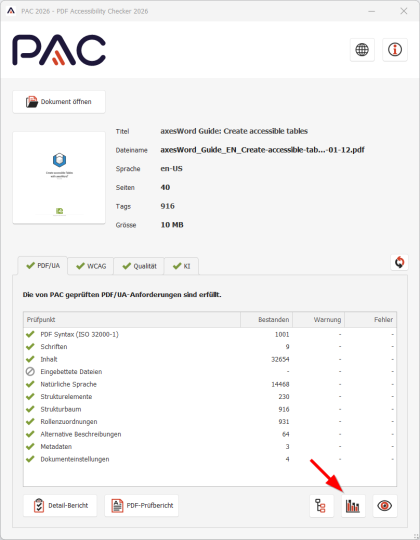 Screenshot des Hauptfensters mit hervorgehobener Schaltfläche "Dokumentenstatistik".
