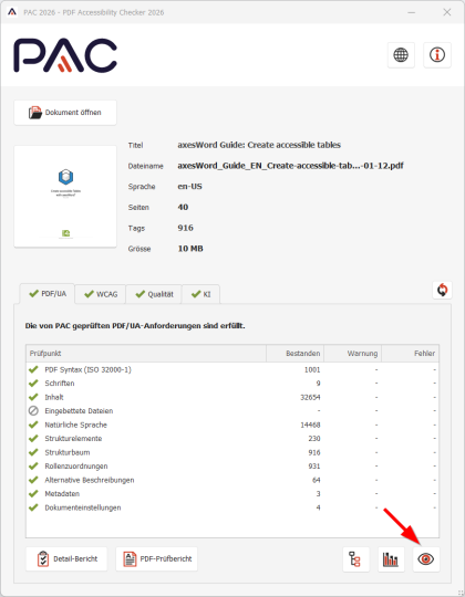 Screenshot des Hauptfensters mit hervorgehobener Schaltfläche "Screenreader-Vorschau".