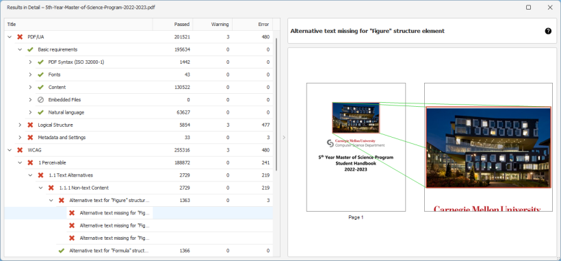 Screen shot of the PAC report window showing a missing alternative text for a "Figure" structure element